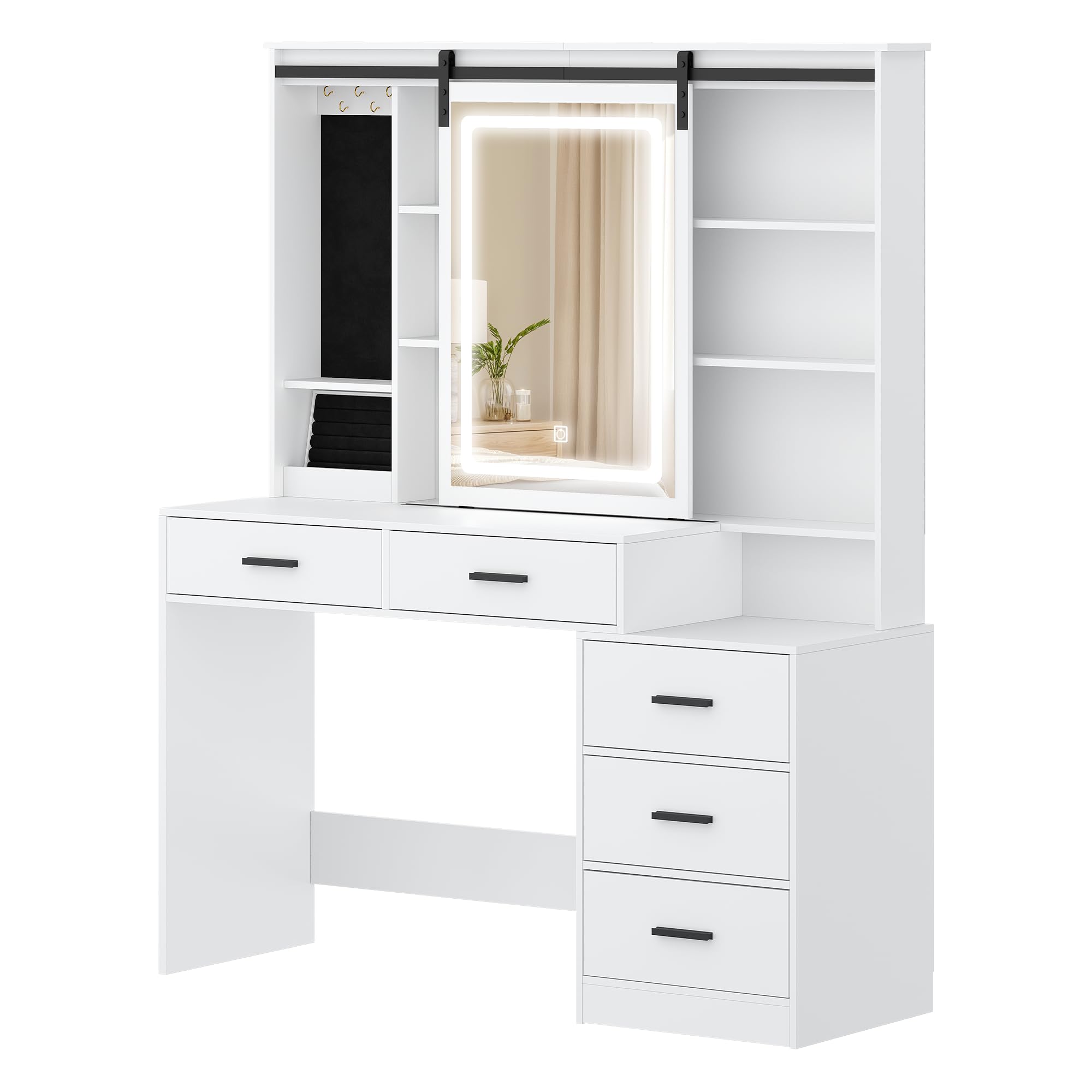 Hzuaneri Coiffeuse avec Lumières LED Réglables,Coiffeuse avec Rangement pour Bijoux, Étagères Ouvertes, 5 Tiroirs, avec Table d'appoint, pour Chambre à Coucher, Blanc DT33103X