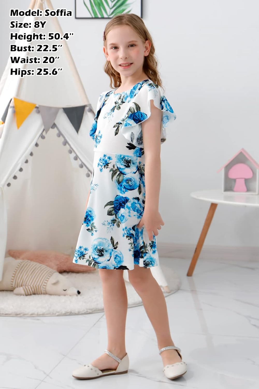 GORLYA Girl's Flutter Sleeve Stretchy A-Line Swing Flared Skater Party Dress with Pockets for 4-12 Years Kids