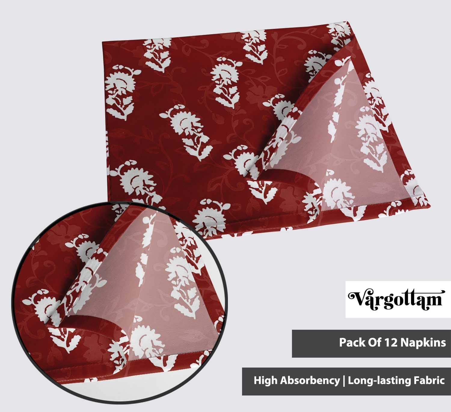 Red Floral Block Print Cotton Canvas Napkins - Set of 12, 20x20 Inches, Elegant Ethnic Design for Rustic, Vintage, and Festive Dining, Perfect for Gatherings, Celebrations - Machine Washable