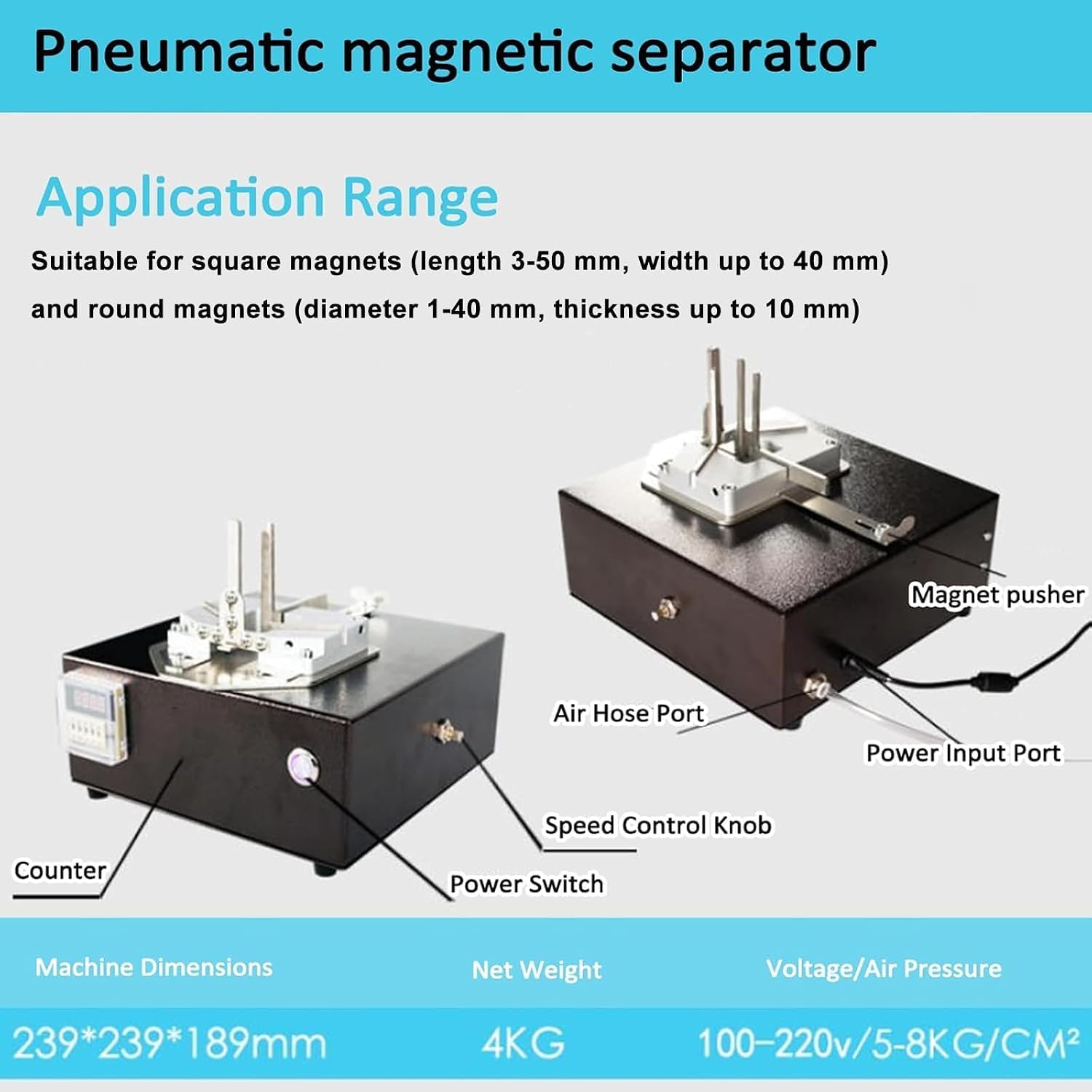 Separator magnetyczny, pneumatyczny, 100-220 V, alarm z regulacją prędkości
