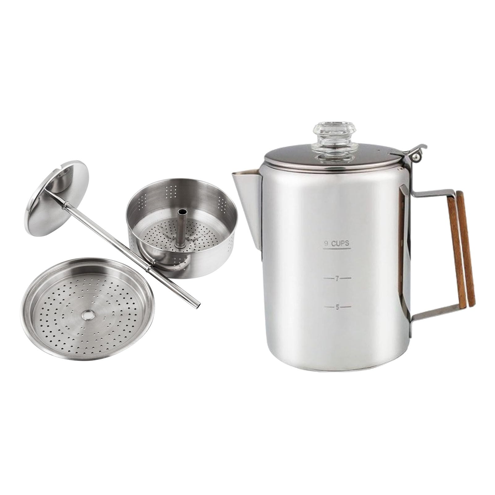 Eléctrica de Acero Inoxidable con Boquilla en V, de Madera y Filtro Fino para Camping, Picnic, Estufa de Gas, Placa de Inducción (9 tazas 1400-2000ML)