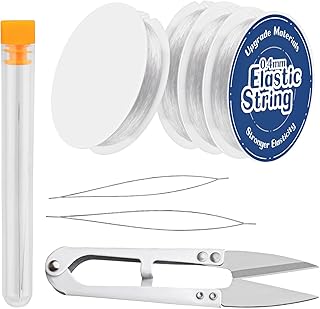 0.4mm Elastic Stretch String, 4 Rolls Clear Beading String with 2 Sizes Beading Needles, Yarn Scissors, Needle Bottle, Crystal String Bead Cord for Seed Beads, Bracelet Necklace Jewelry Making