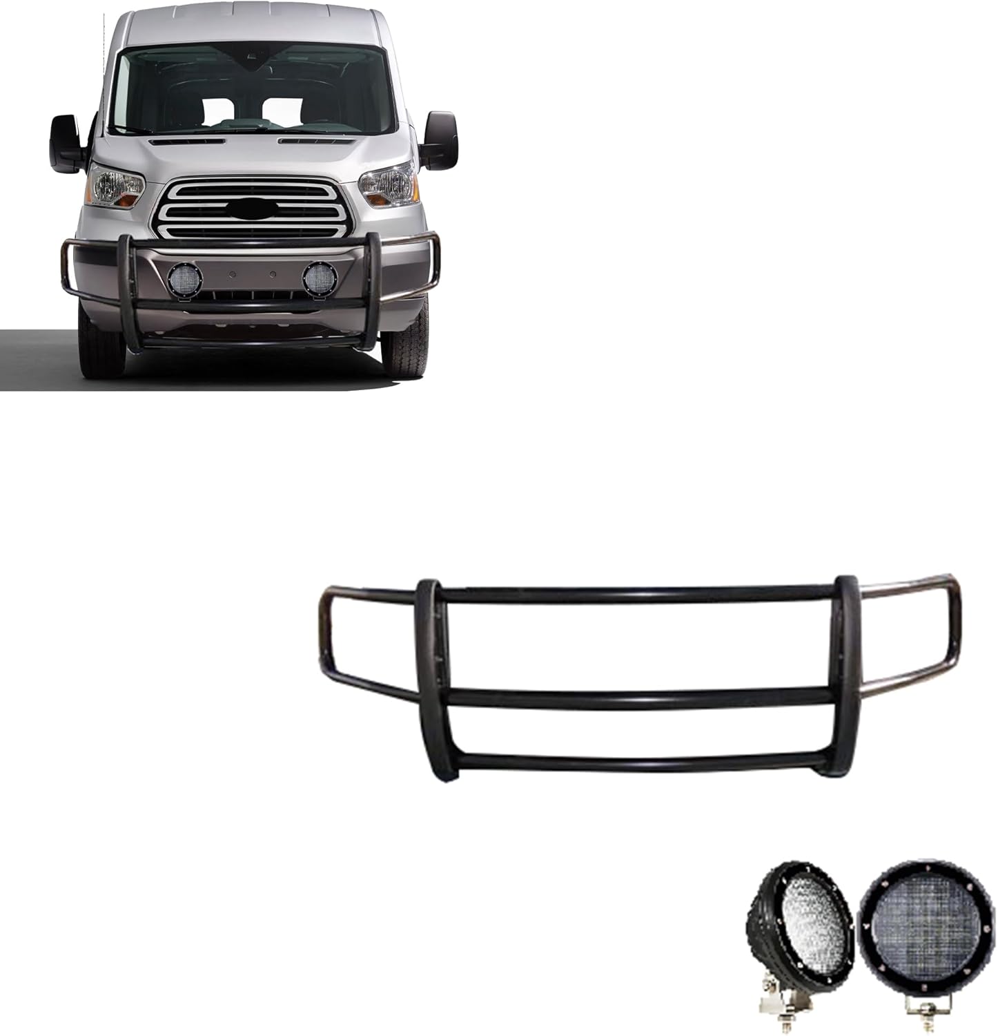 Black Horse SPARTAN Grille brush Bumper Guard Modular Black Come with Pair of 5.3"LED Light Compatible with 2020-2026 Ford Transit-350 HD 2WD/Transit-250 2WD/Transit-150 2WD Full Size-17FT20MA-PLFB