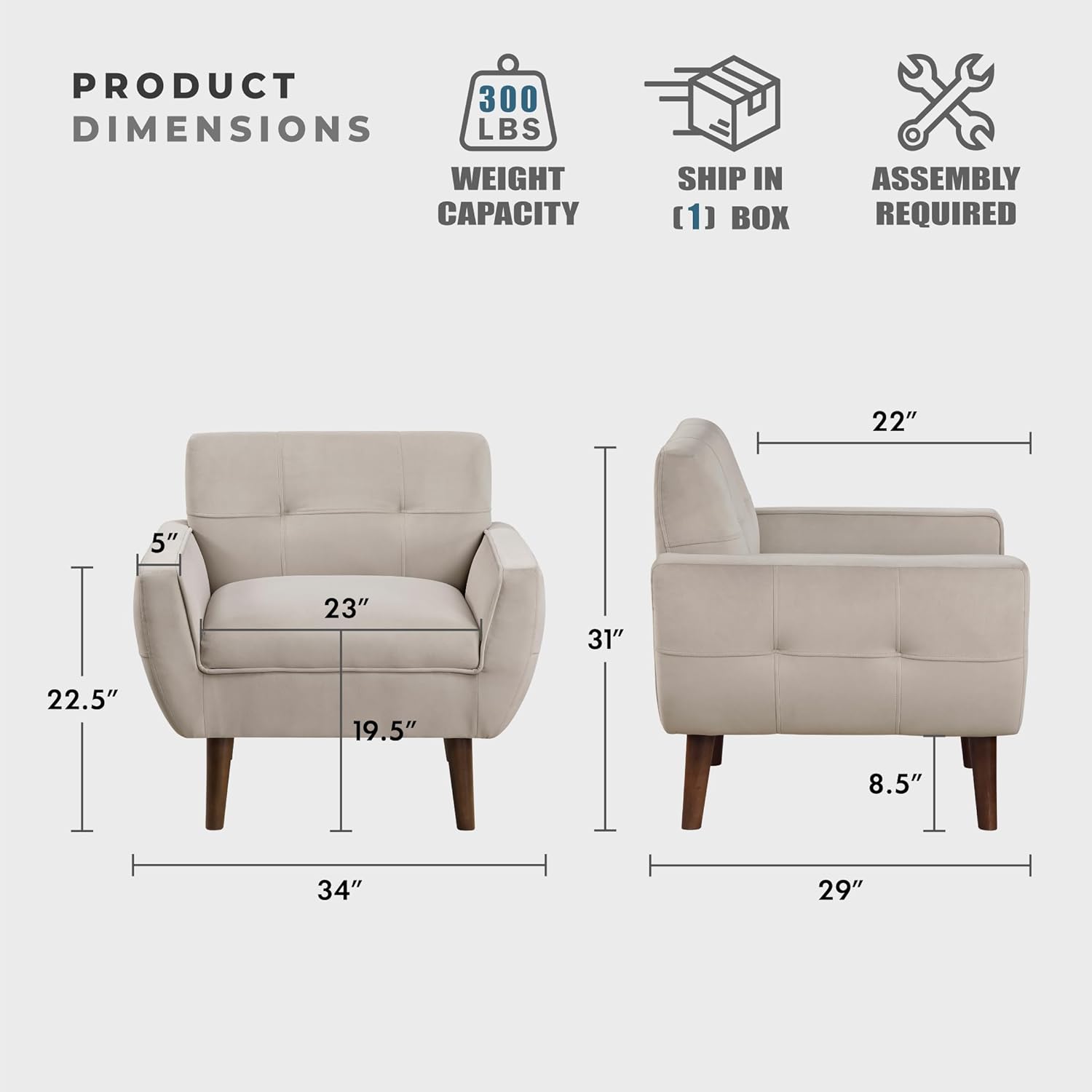 Lexicon Mid Century Modern Accent Chair with Dark Brown Solid Wood Leg, Velvet Upholstered Living Room Chair Lounge Arm Chair, Tufted Detail Single Sofa Chair, Comfortable Reading Chair, Brown