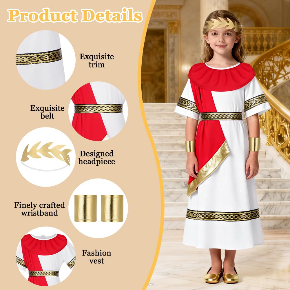 BSBUY Ancient Roman Greek Costume Girls Kids White Red Greek Goddess Long Robe Roman Toga Fancy Dress Costume Roman Dress Up Outfit with Belt Headband Wristband for Halloween World Book Day(120) - Image 3