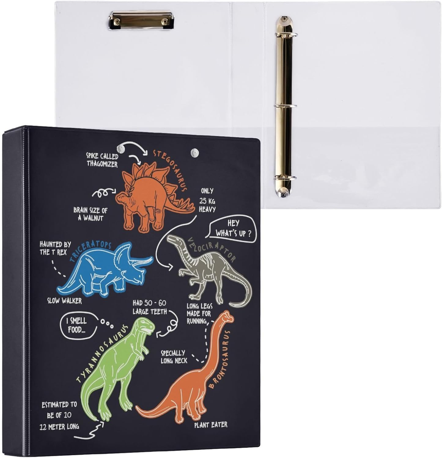 Dinosaur Cartoon Black Decorative 3 Ring Binder 1.5 Inch Large View Binders with Pockets File Organizer for Office College School, 1 Pack