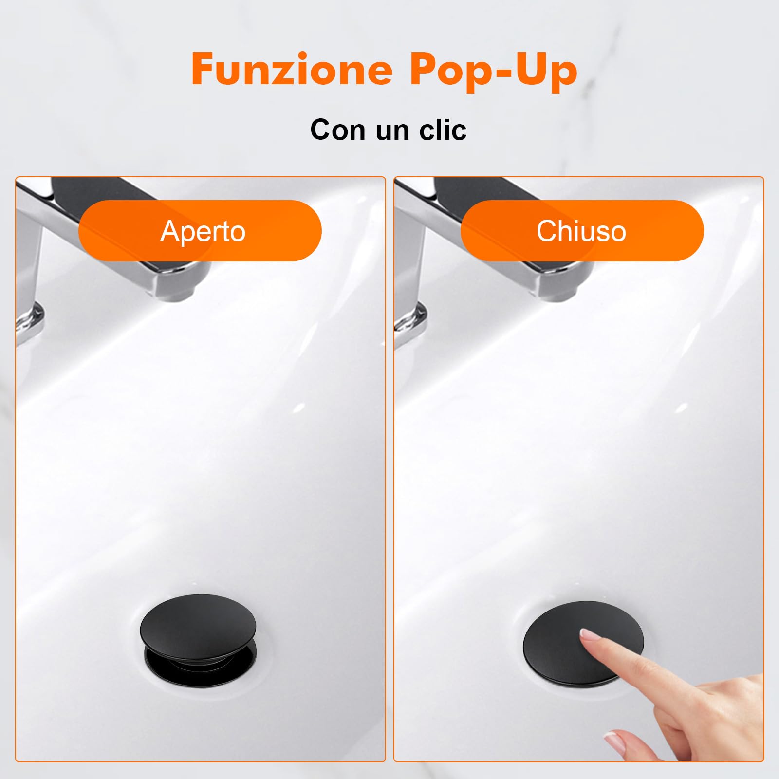 Ibergrif M20502B Tappo di scarico per bagno a scomparsa con troppopieno zincato nero coperchio grande Taglia M