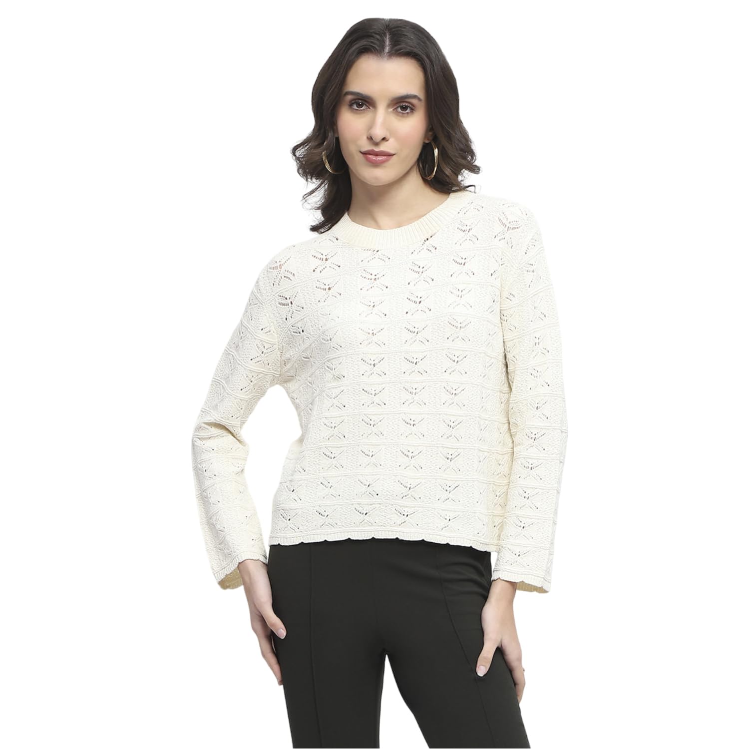 Crew Neck Off White Knit Top for Women-image-30