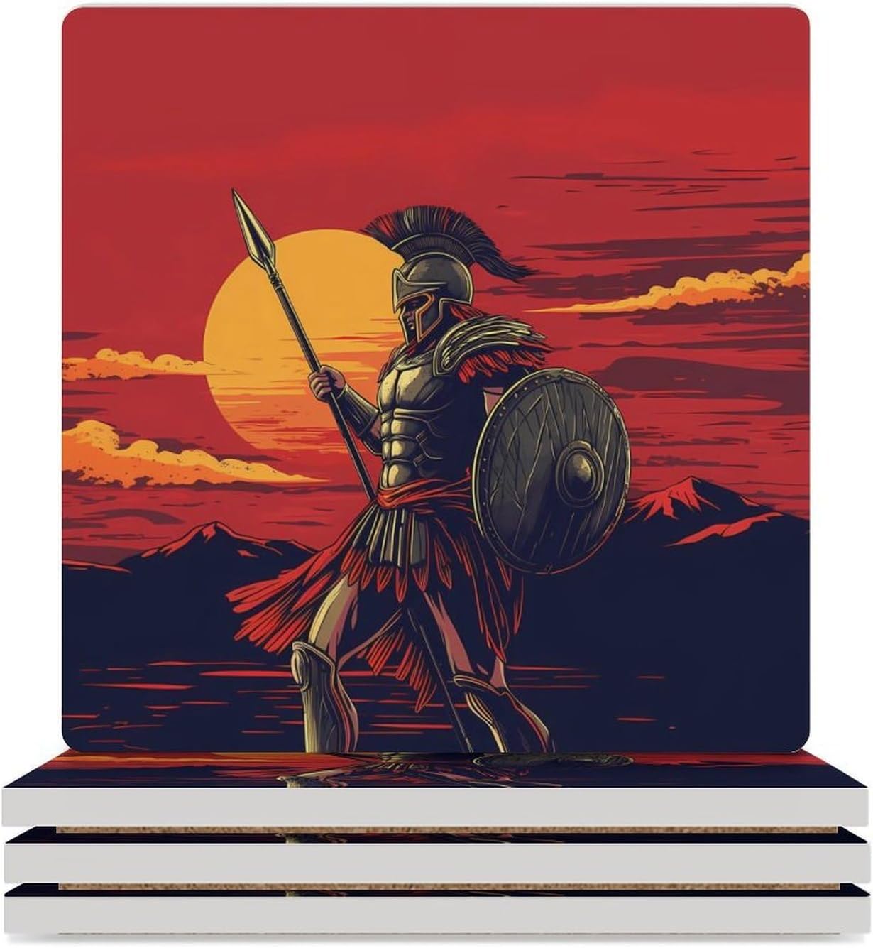 Ancient Greek Spartan Funny Ceramic Coasters for Drinks Absorbent Cup Holder Tabletop Protector with Cork Base