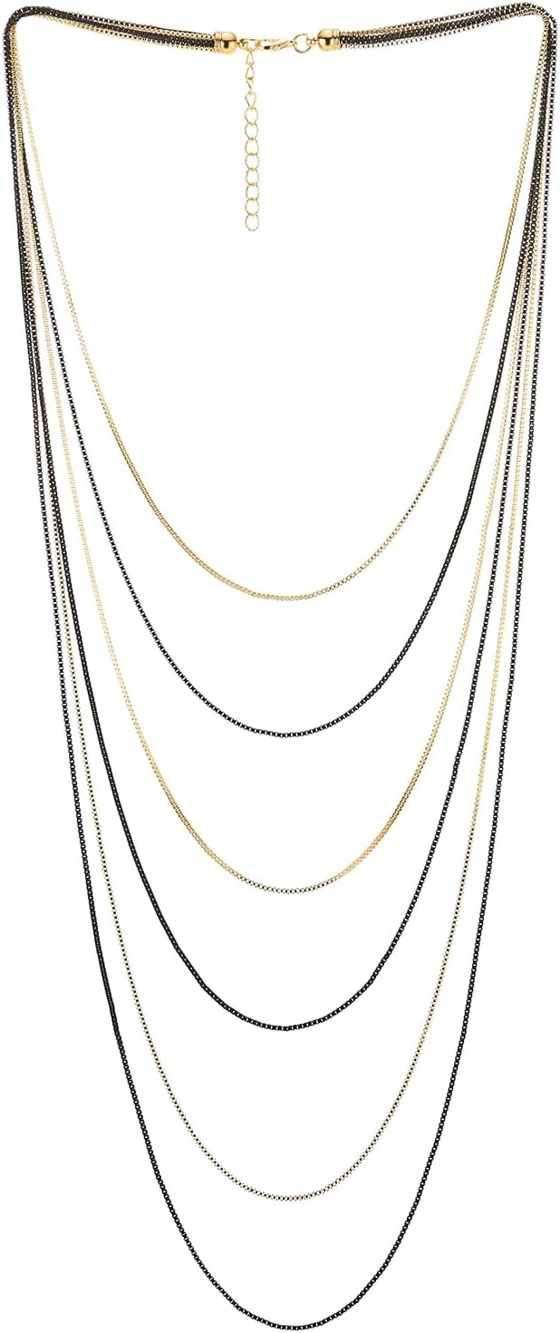 COOLSTEELANDBEYOND Women's Multi-Strand Layered Necklace, Gold and Black Toned Chain Jewelry, Minimalist Industrial Accessory, Chic Urban Style, Gift for Her