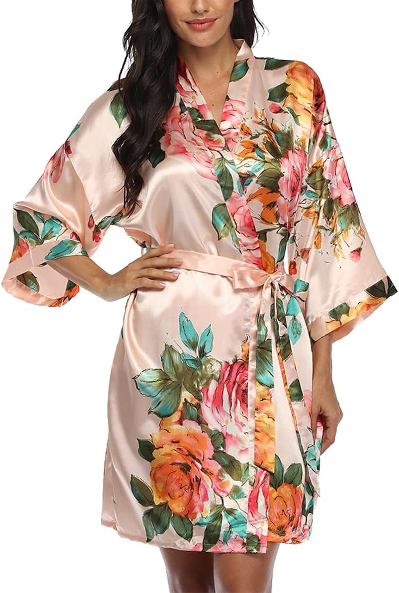 Women's Floral Kimono Robe Short Satin Rose Wedding Dressing Gown Bride Bridesmaid Getting Ready