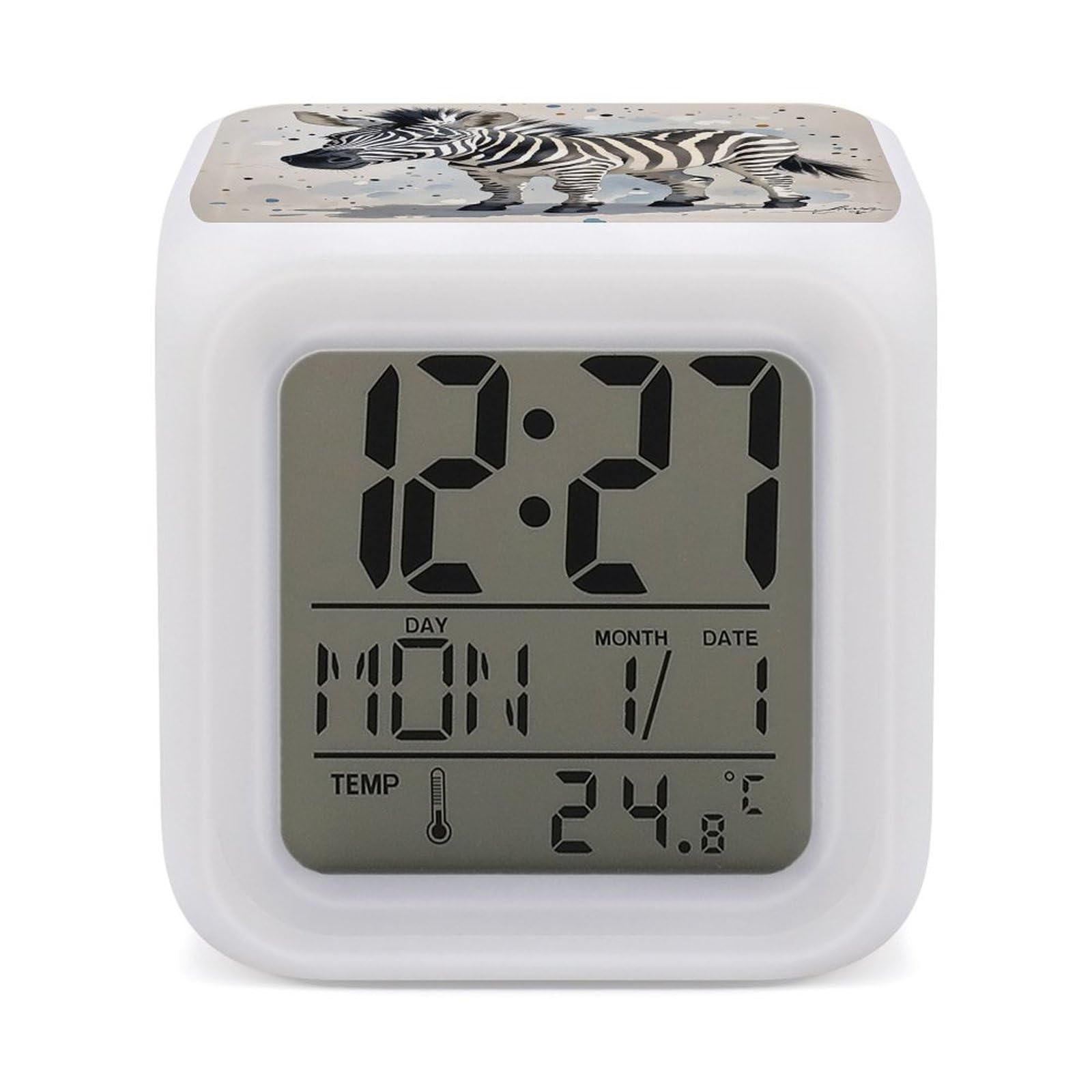 FekiLoot Cute Zebra Watercolor Alarm Clock for Heavy Sleepers Small Digital Alarm Clock with Date Temperature Wake Up Digital Clocks with 7 Colors Changing Desk Clocks for Bedroom Bedside Nightstand