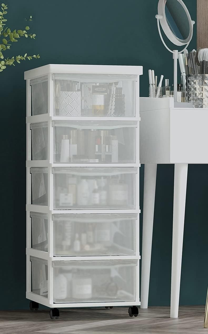 Storage Bins Office Cabinet Drawer Type Box Mobile Transparent Plastic Rack(White,3 layers)