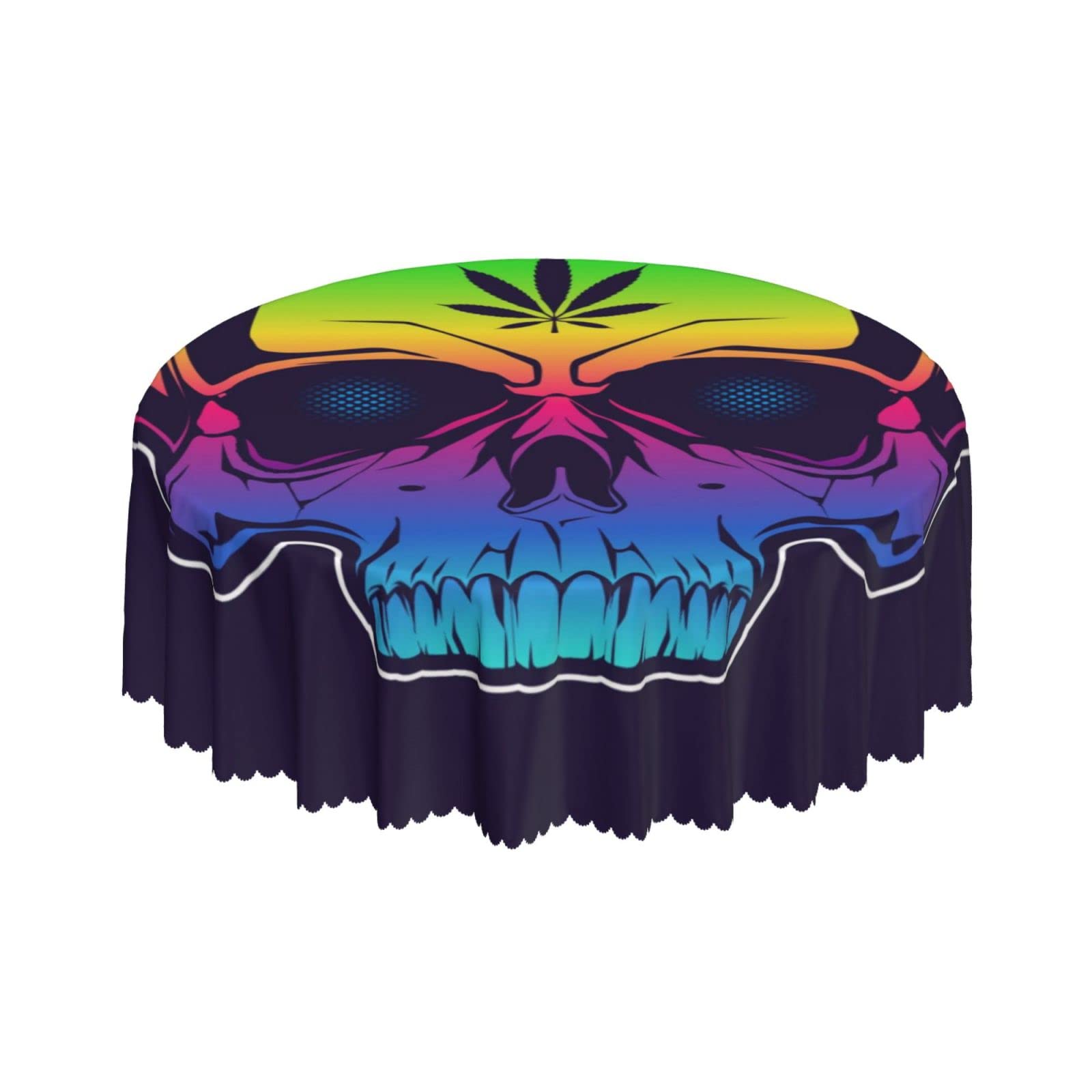 Lsjuee Colorful Skull Mari-Juana Leaf Death Round Tablecloth 60 Inch Printed Washable Tablecloth for Dining Party Holiday Fall Home Decorative