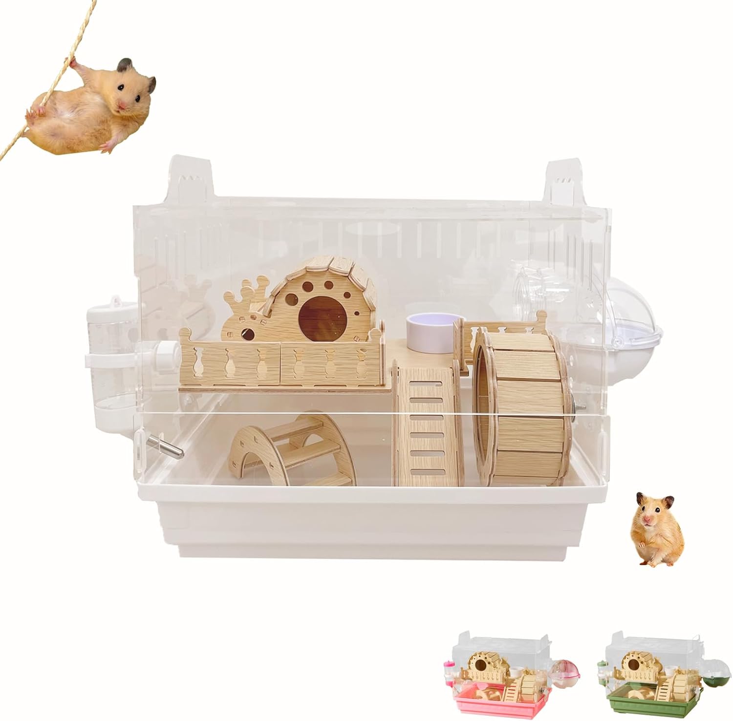 Acrylic Hamster Cage,Small Animal Houses&Habitats with Accessories,Hamster Enclosure with Stairs,Clear Pet Mice House,For Dwarf Gerbil,Dwarf Hamster,Pet Mice(Green,13.78"L*10.23"W*10.83"H)