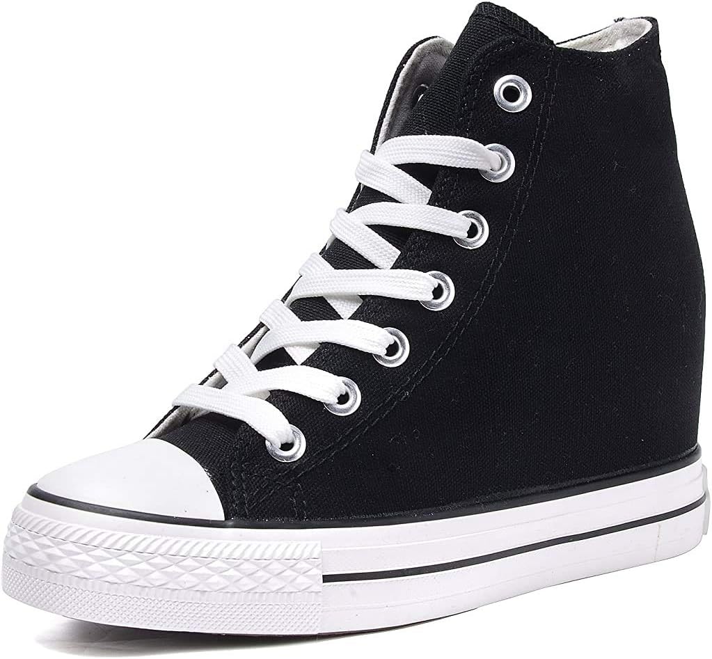 Catata Womens Casual Canvas Shoes Lace Up High Top Hidden Heeled Wedges Platform Fashion Sneakers Black