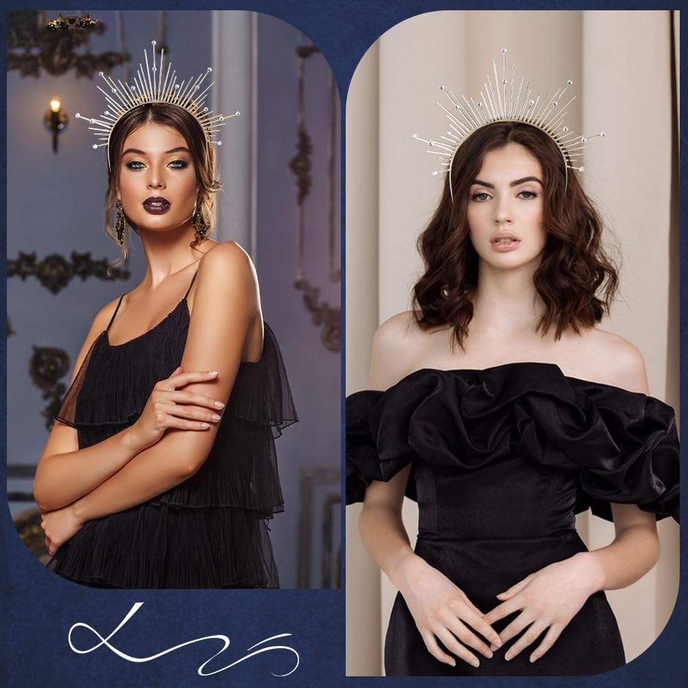 Gold Halo Crown Sunburst Spike Rhinestone Crystal Greek Godness Headband Vintage Renaissance Renfaire Headdress Mary Headpiece for Women Wedding Cosplay Pageant Festival Costmue Accessory - Image 4