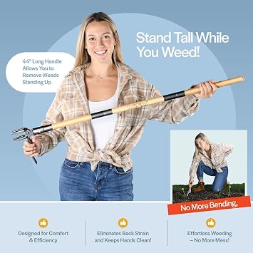 Weed Puller Tool, Stand Up Heavy Duty Weed Remover Tool with Long Handle, Foot Platform Design - 4 Claw Steel Head Weeder Tool, Bamboo Garden Hand Weeding Tool, Smoothly Remove Weeds Without Kneeling