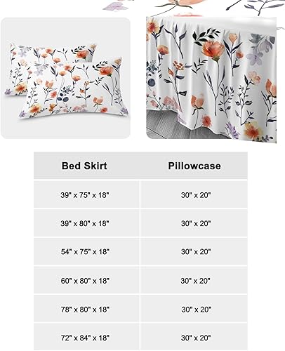 Miniatura 6 de Faldas de cama con diseño de flores botánicas para cama Queen de 18 pulgadas de caída, falda de cama envolvente con volantes, colcha plisada con