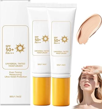 Tinted Sunscreen SPF 50, Tinted Moisturizer with SPF, Hydrating Cream SPF 50, Long UVA Protection, Waterproof and Sweatproof, Non-Greasy and No White Cast, Face Sunscreen for Dry Sensitive Skin 2PC