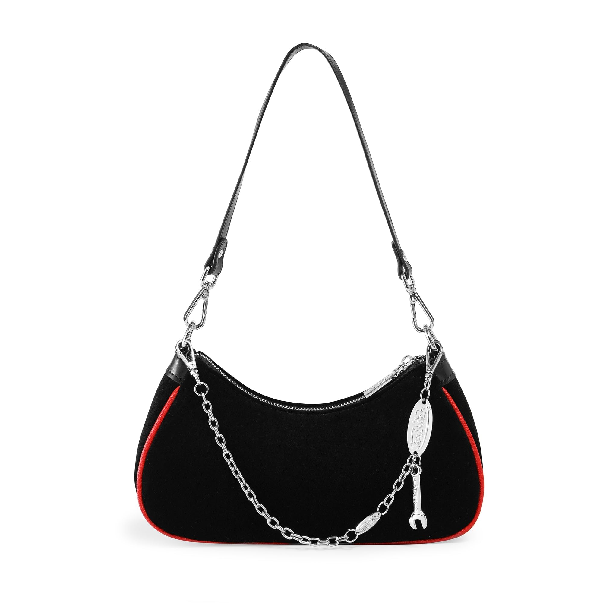 Von Dutch Womens Rhinestone Shoulder Bag – Stylish Handbag with Adjustable Strap, Spacious Interior, and Iconic Logo Design (Black and Red Rhinestone)