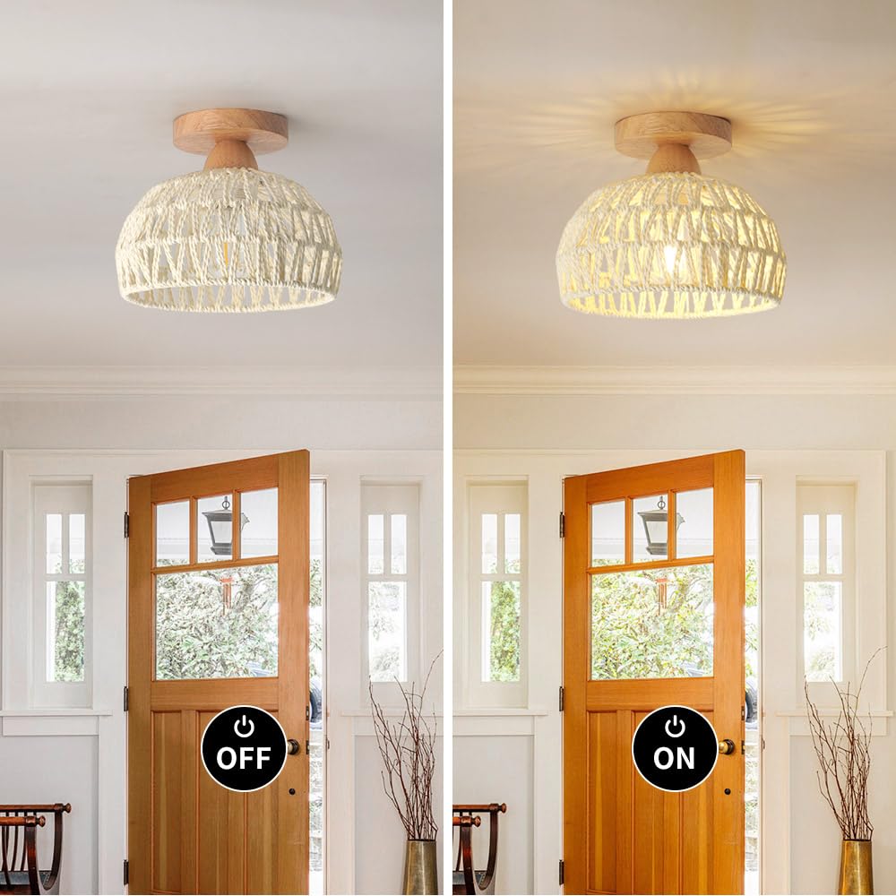 Lampa sufitowa rattanowa, E27, z naturalnym rattanowym kloszem, dekoracja domu, lampa sufitowa w stylu vintage, do sypialni, korytarza, foyera, restauracji, beżowa (bez żarówek)