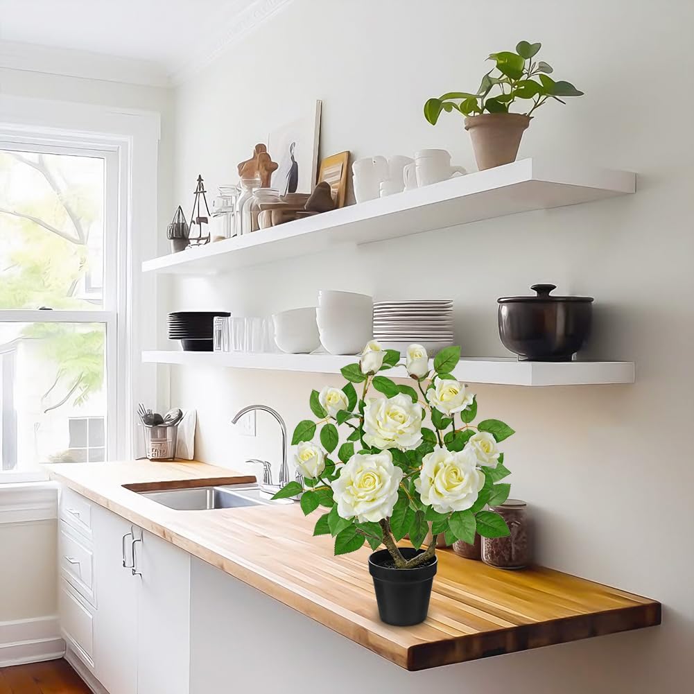 Artificial Rose Flowers Potted Plant - 17.7" Small Fake Cream White Roses Tree with Black Pot Indoor Outdoor Faux Plants & Flowers Silk Rose Flower Floral Arrangement for Home Table Office Decor