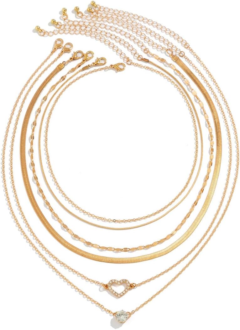 GIGB PBDK 14k Gold Layered Necklaces for Women,Boho Rhinestone Heart Pendant Stacked Necklace Set,Personality Snake Bone Chain Necklace Jewelry Gifts - Image 7