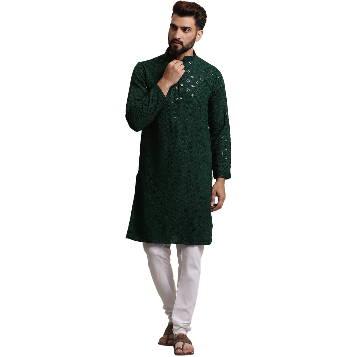 Sojanya (Since 1958 Men's Pure Cotton Green Sequence Kurta And White Pyjama Set