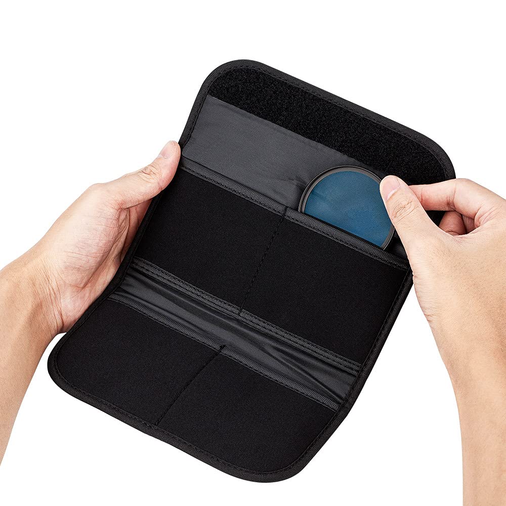 JJC Custodia protettiva per filtro obiettivo fotocamera a 4 tasche, per filtri fino a 58 mm di diametro, in neoprene elastico, con panno in microfibra