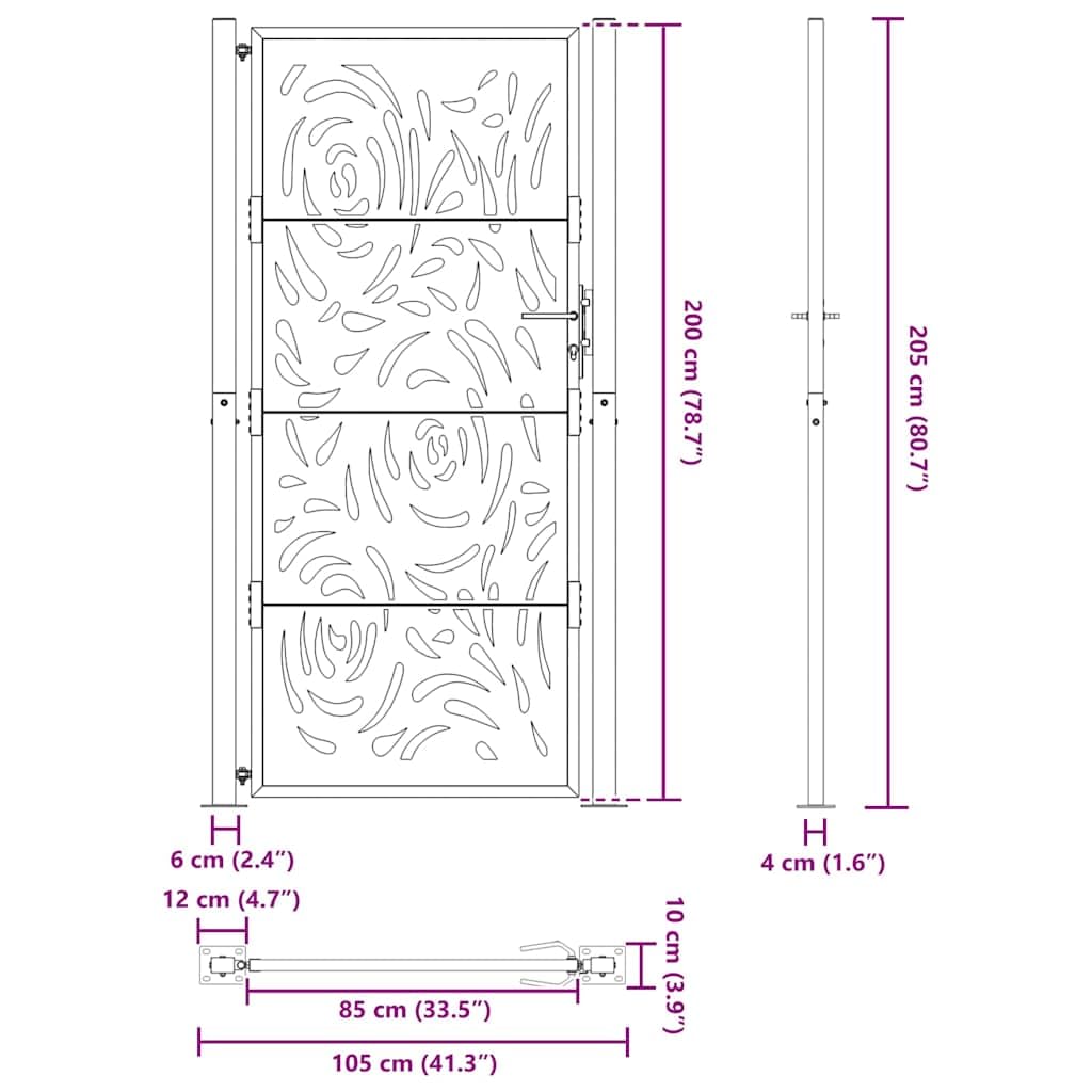 Festnight Puerta Jardin Metalica 105 x 205 cm, Puerta para Valla con Sistema de Cerradura Acero Oxidado, diseño Llama Acero/Negro