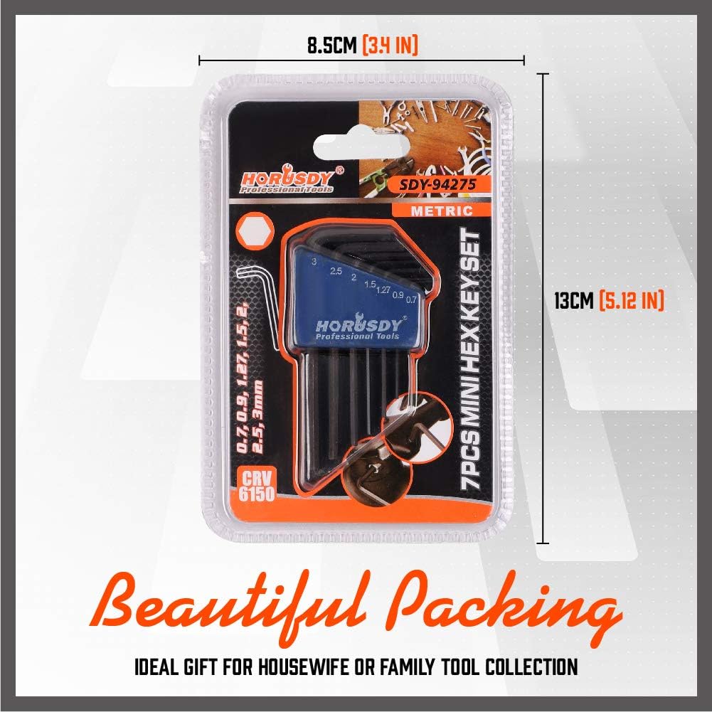 SEDY 7-Piece Mini Hex Key Metric Set, L Shape Allen Wrench, 0.7mm, 0.9mm, 1.27mm, 1.5mm, 2mm, 2.5mm, 3mm, Cr-V
