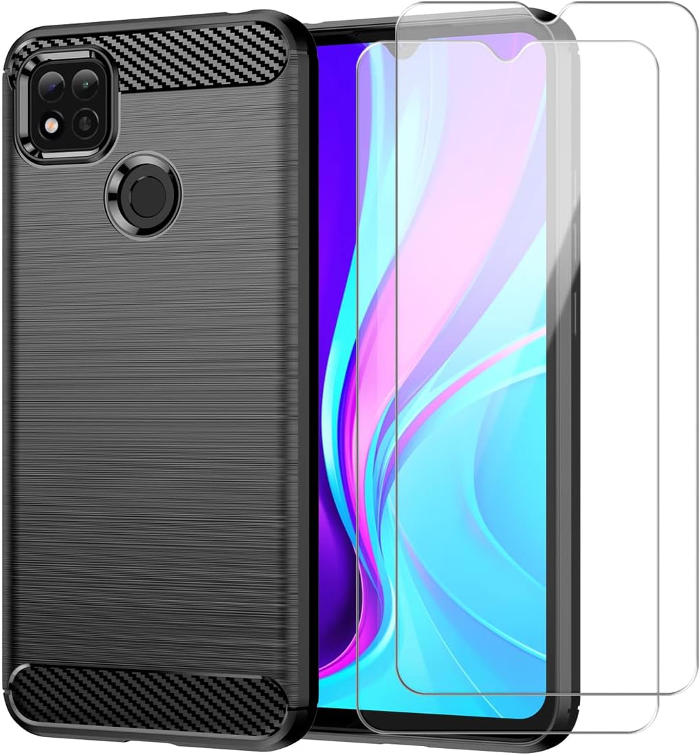 Funda para Xiaomi Redmi 10A / 9C / 9C NFC con Dos Cristal Templado Protector de Pantalla, Negro Suave TPU Anti-caída Protectora Carcasa para Xiaomi Redmi 10A 6,53''
