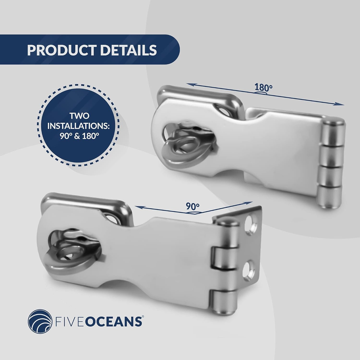 Five Oceans Marine Door Lock Hasp Latch, Safety Lock Clasp Latch for All Doors, AISI316 Stainless Steel, 2 Positions 90 Degrees and 180 Degrees
