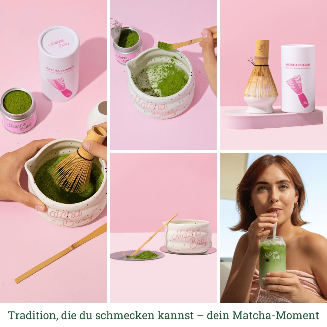 Matcha Set 5-teilig mit Bio Matcha Pulver 30 g aus Japan - Matcha Schale mit Ausguss, Chasen Bambusbesen, Chashaku Löffel und Besenhalter, komplettes Zubehör Set
