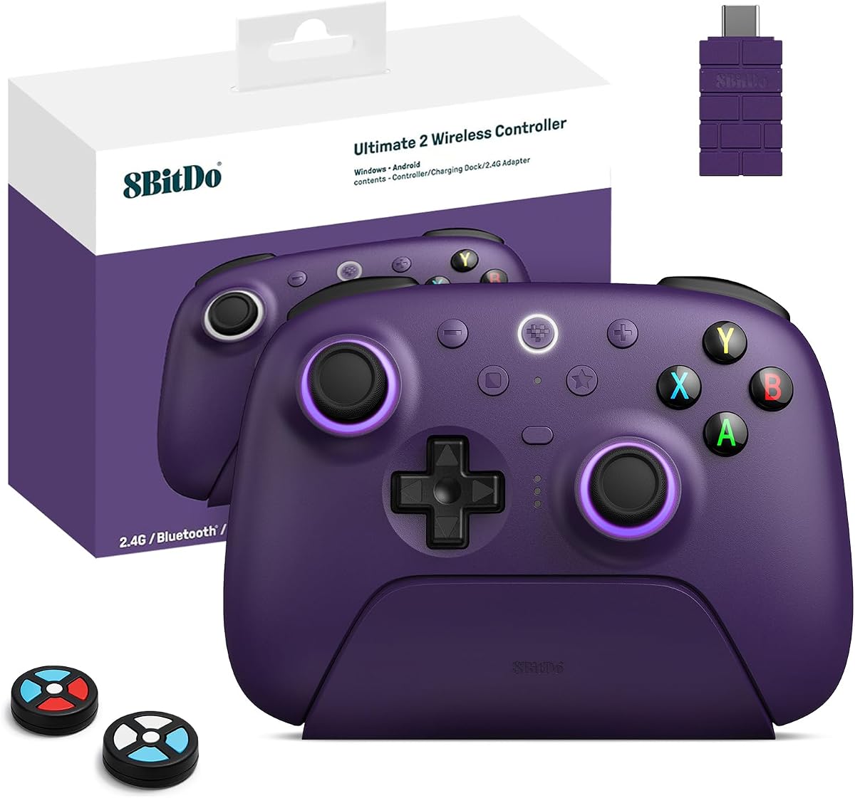 8Bitdo Ultimate 2 Wireless 2.4G Controller (Purple) | For Windows PC, Apple, Steam & Android, TMR Joystick, Star-Ring RGB Lights, Adjustable Trigger Locks, Charging Dock Included