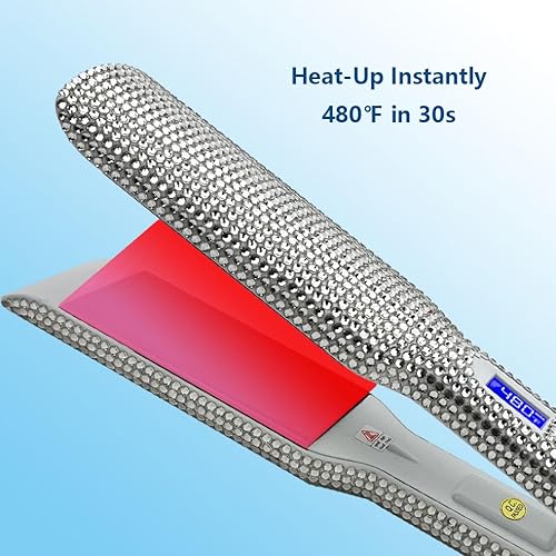 Miniatura 10 de Plancha plana de titanio con hermoso diamante de imitación de cristal, alisador y rizador 2 en 1, apagado automático de 60 minutos, pantalla LCD de
