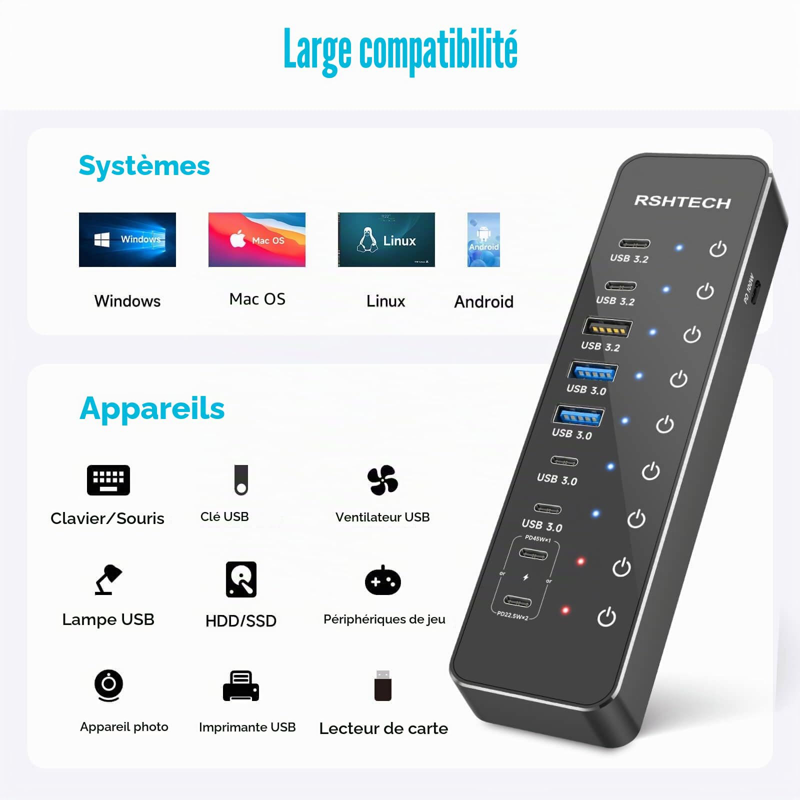 RSHTECH 10 Ports Hub USB Alimenté, Alimentation 66W Hub USB C, RSH-ST10P | Incluant 3 Ports USB 3.2 à 10Gbps(2C+1A), 4 Ports USB 3.0 à 5Gbps (2C+2A), 2 Ports USB-C à 45W Charge Rapide, PD 100W
