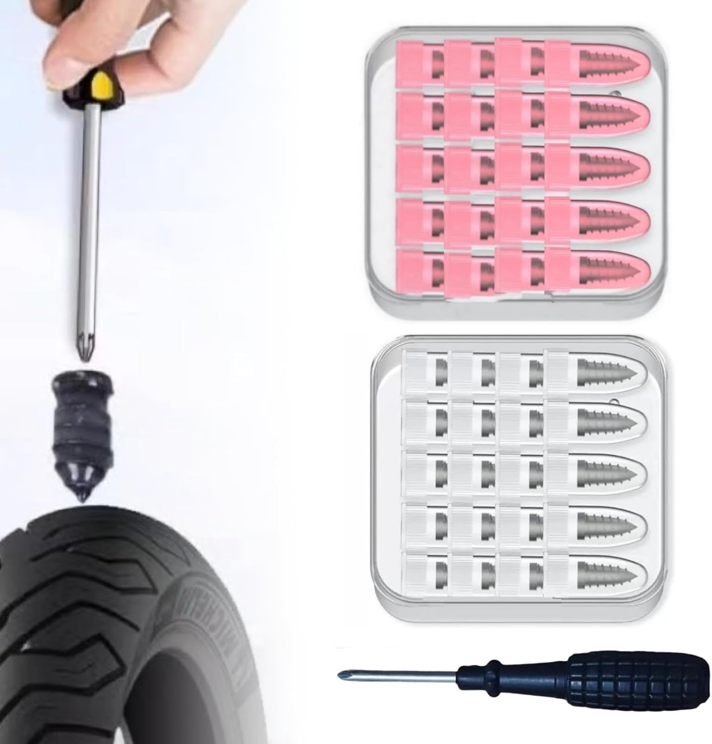 2026 New Tire Repair Rubber Nails Kit with 2 Sizes, Screw-in Tire Plugs with Screwdriver, Fast Self-Service Repair Tools for Car Motorcycle Bike (20big+20small)