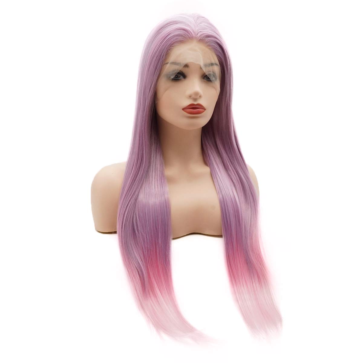 Hair Straight Super Long 26inch Light Purple Root Pink Ombre Heavy Density Realistic Synthetic Lace Front Wigs