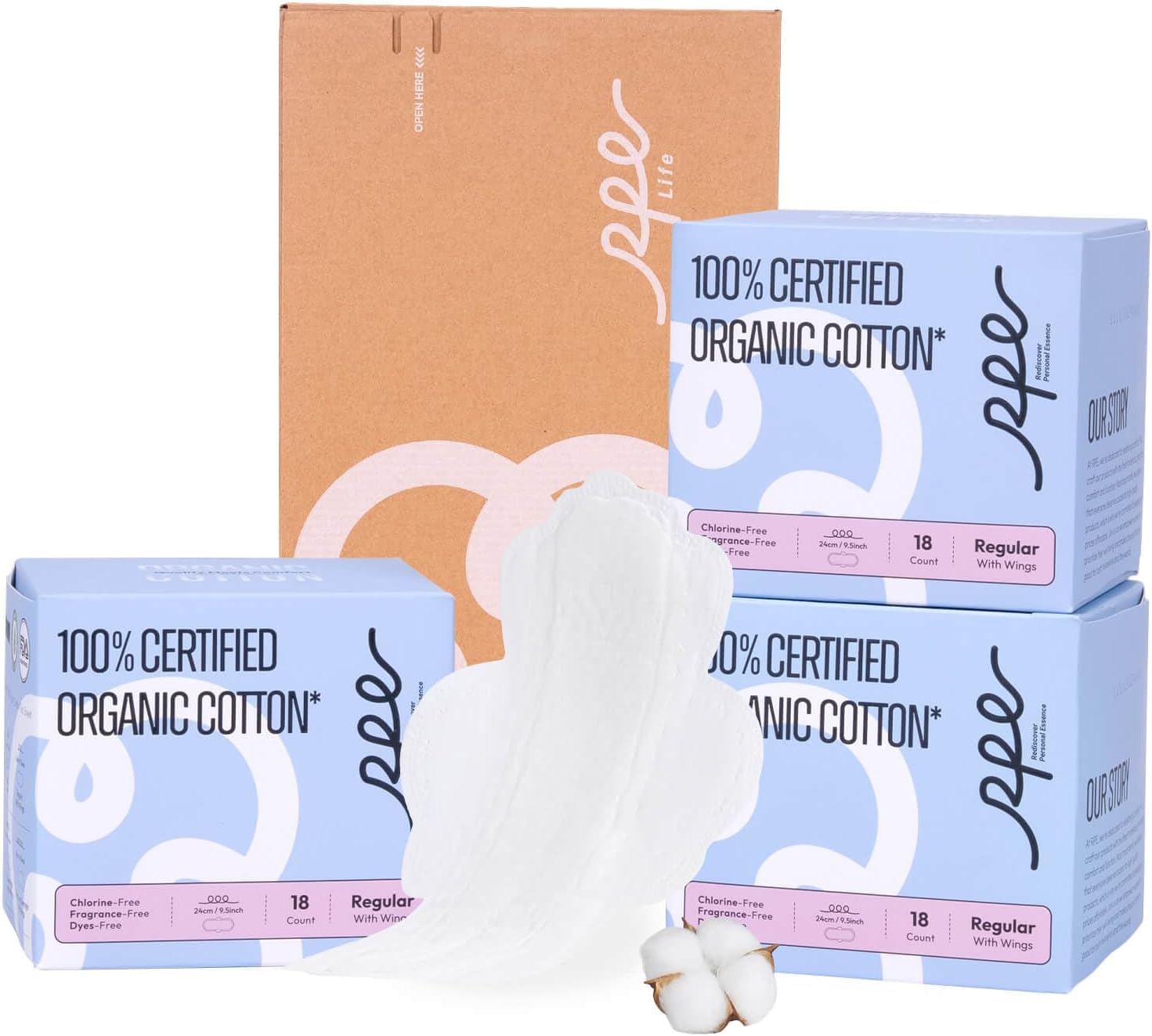 100% Organic Pads for Women, 54ct, Ultra Thin Unscented Women Menstrual Pads with Wings, Normal Absorbent Menstrual Pads, Organic Cotton Pads Menstrual (Regular, Size 3, 54 Count)