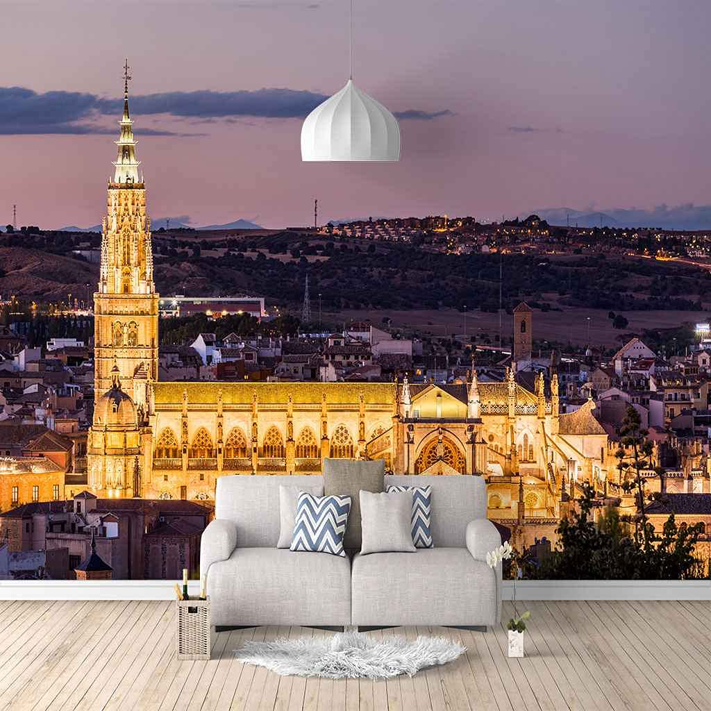Papier peint canevas vue de nuit bâtiment doré panoramique salon 250x175 cm