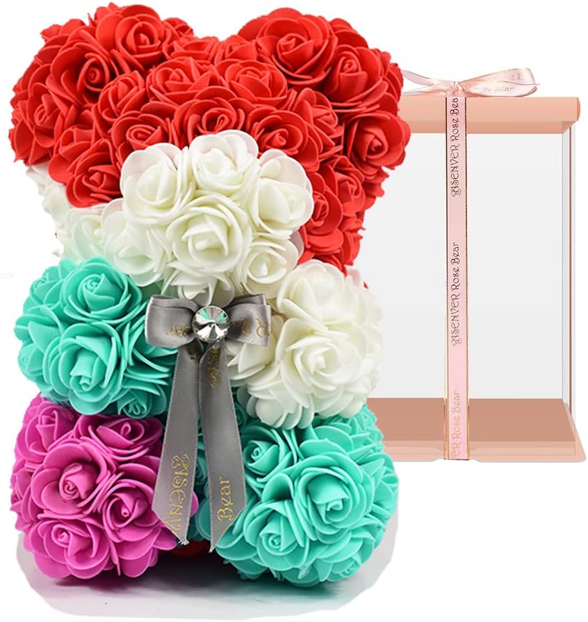 Hand Made Artificial Flowers Rose Bear Pure Color for Valentine Birthday and Mother's Day with a 10" Pink Gift Box (Multi Color-Pinkbow)
