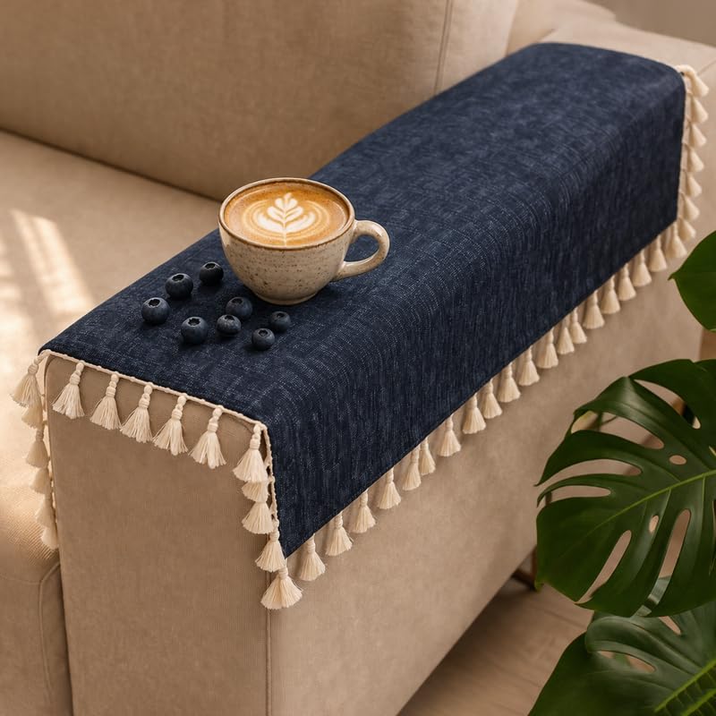 Image of STITCHNEST Premium Woven Fabric Sofa Arm Cover with Tassels | Elegant Hand Rest Protector | Durable & Stylish | 18 x 22 Inches