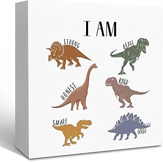 KFXHANGD Inspirational Dinosaur Wooden Box Sign Desk Decor, Motivational I Am Kind Brave Decorative Signs for Boys Kids Room Bedroom, Postive Dino Home Shelf Desk Decor 5x5 Inch
