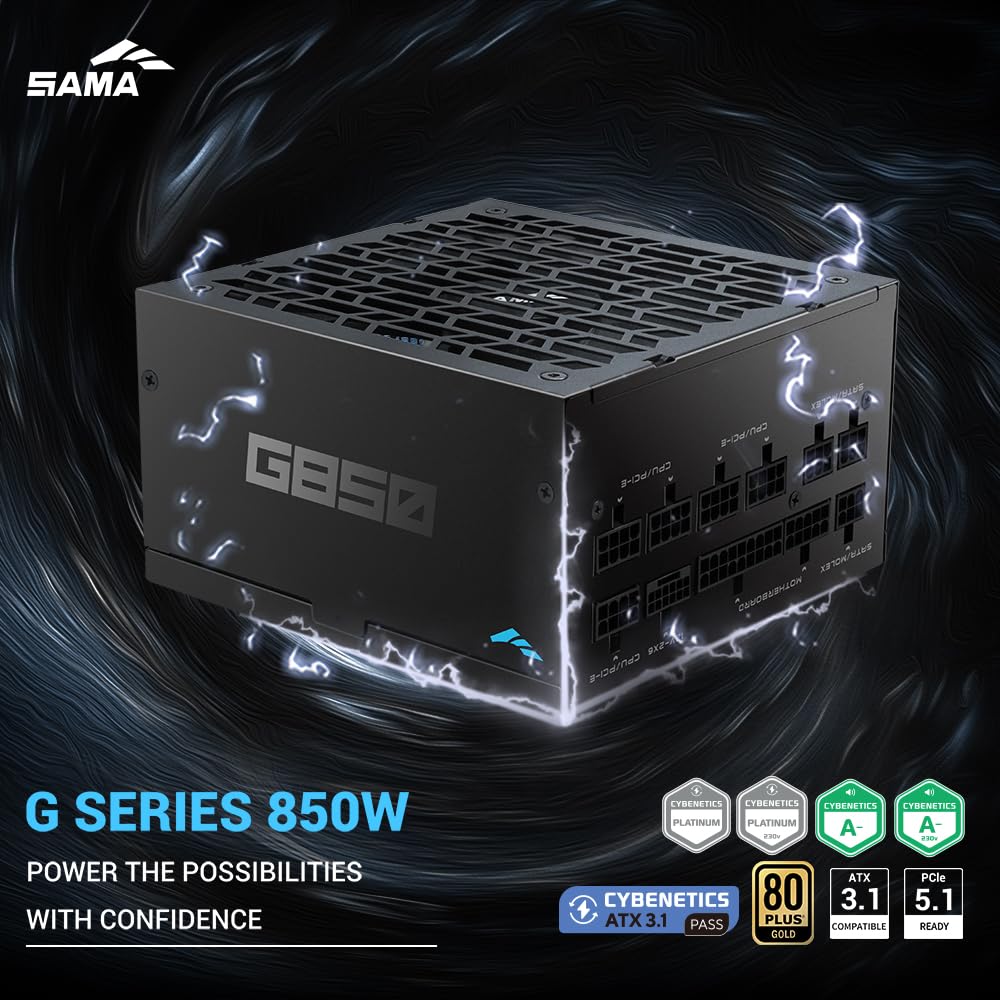 SAMA G850 Alimentatore – 850W Full Modulare,80 PLUS Gold, Compatibile ATX 3.1 & PCIe 5.1, Condensatori Giapponesi, Ventola FDB 150 mm, Supporto GPU RTX Serie 50/40 - Nero