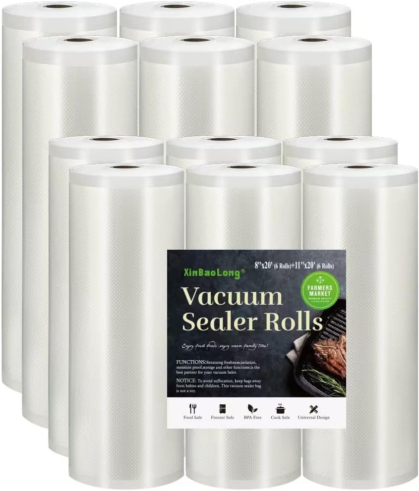 Vacuum Sealer Bags For Food: 12 Pack 6 Rolls 11"x20' + 6 Rolls 8"x20' Commercial Grade BPA Free Bag Rolls Durable Customized Size Food Vac Bags for Storage and Sous Vide Cooking Puncture Prevention