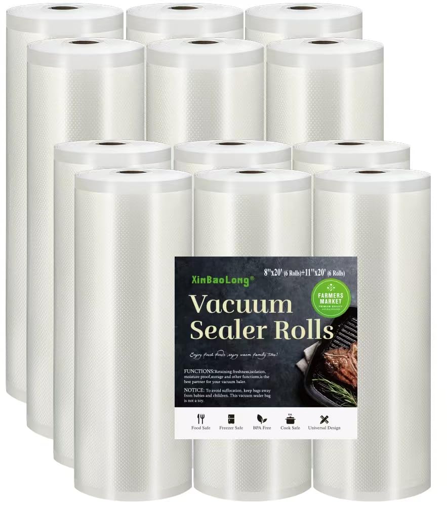Photo 1 of Vacuum Sealer Bags For Food: 12 Pack 6 Rolls 11"x20' + 6 Rolls 8"x20' Commercial Grade BPA Free Bag Rolls Durable Customized Size Food Vac Bags for Storage and Sous Vide Cooking Puncture Prevention