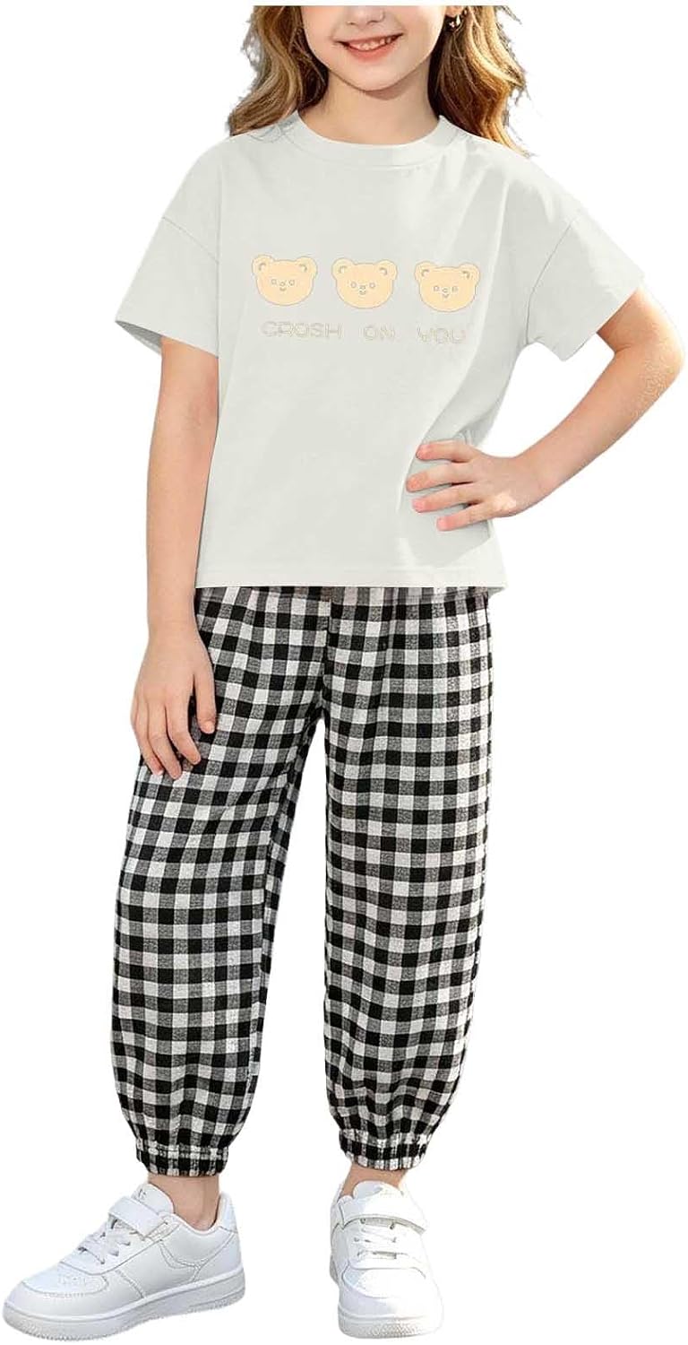 Girls Bear Graphic Workout Outfit High Elastic Short Sleeve Tee Gingham Casual Ankle Cinching Pants Vacation Outfits