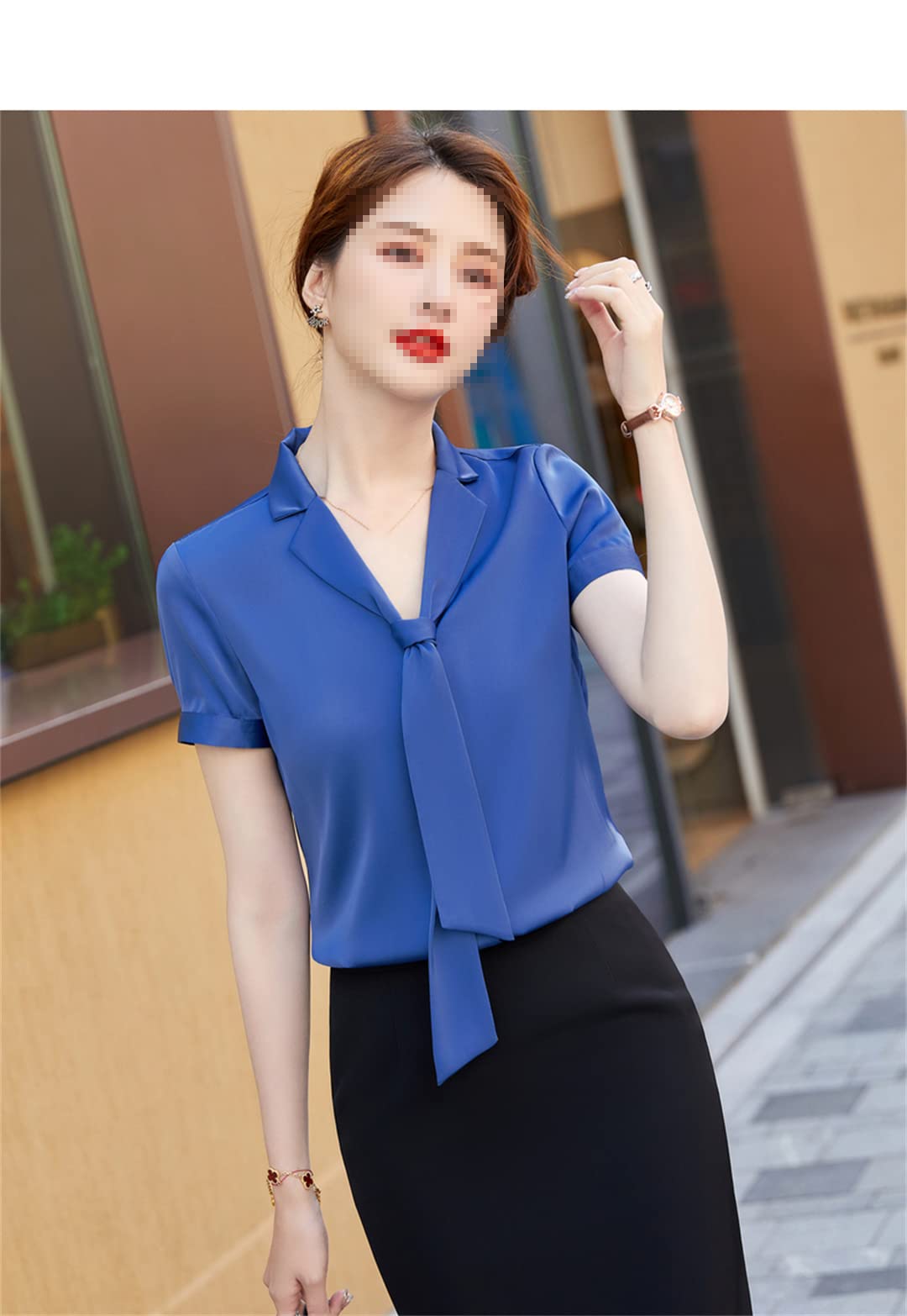 Blusa de chifón de Manga Corta de Verano para Mujer con Cuello en V de Lazo Blusas de Trabajo Formales de Oficina para Mujer White XL